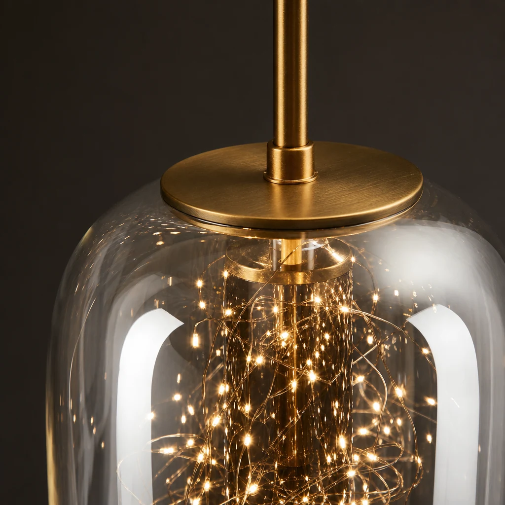 Zbliżenie na klosz i wykończenie szklanej lampy wiszącej M163