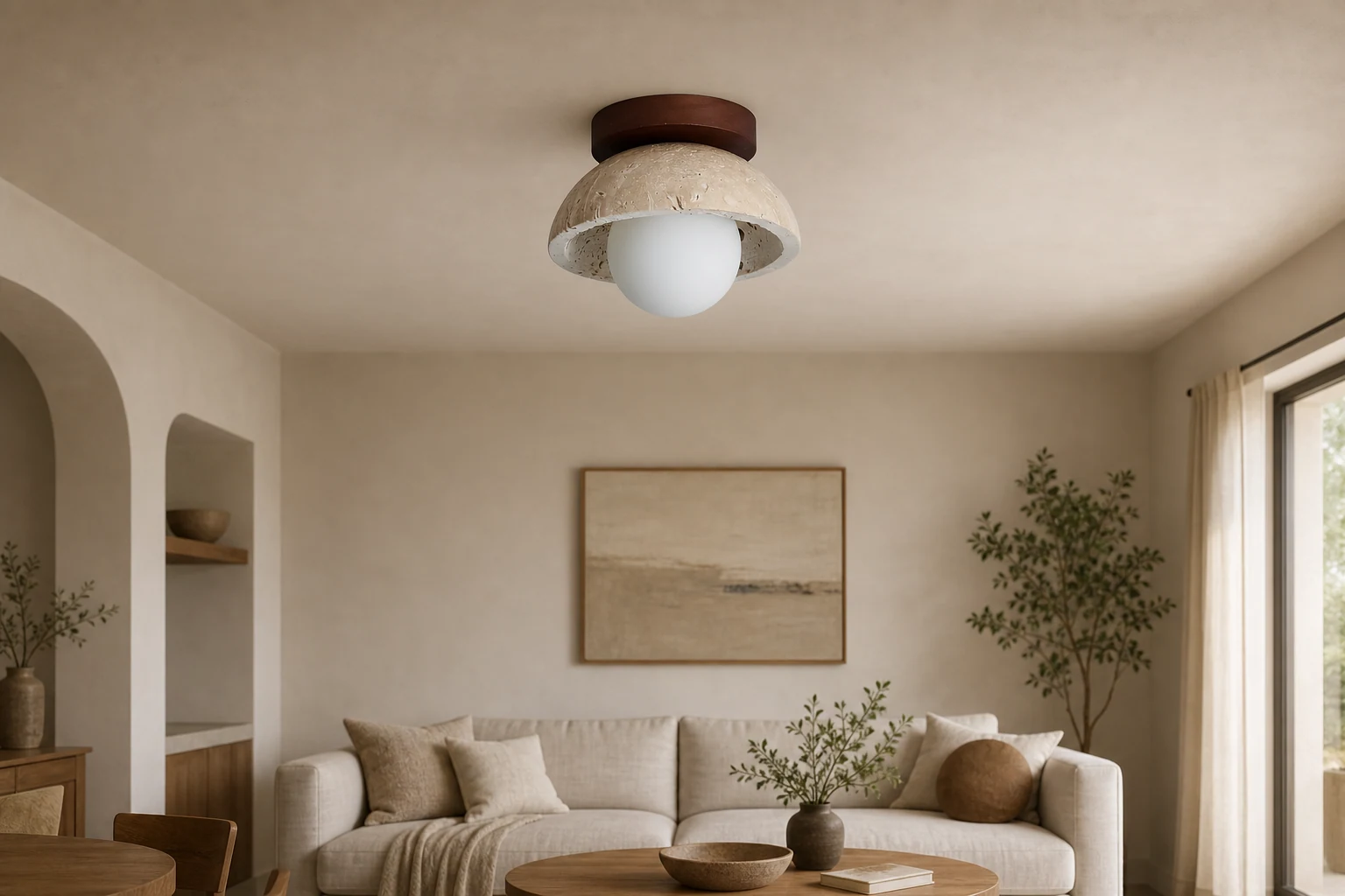 Lampa sufitowa Travira z teksturą misy w naturalnej scenie wnętrza
