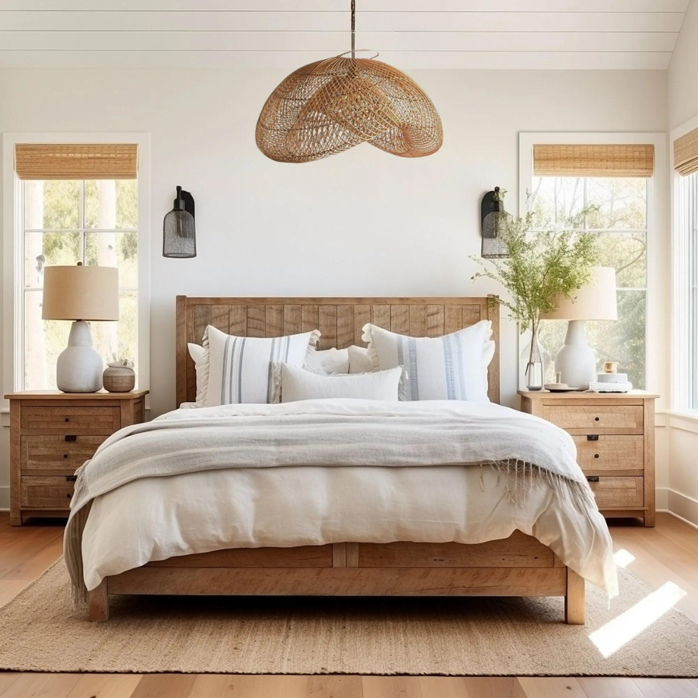 Lámpara colgante Wabi-Sabi instalada sobre una cama en un dormitorio luminoso.