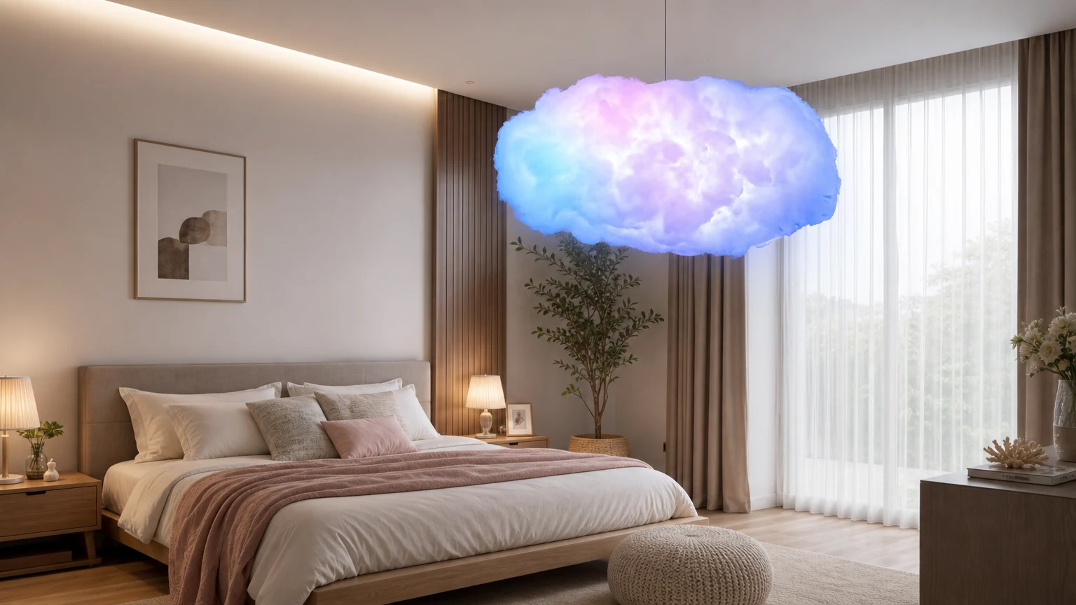 Szeroka scena bohatera w sypialni z zawieszką LED RGB DIY w kształcie chmury