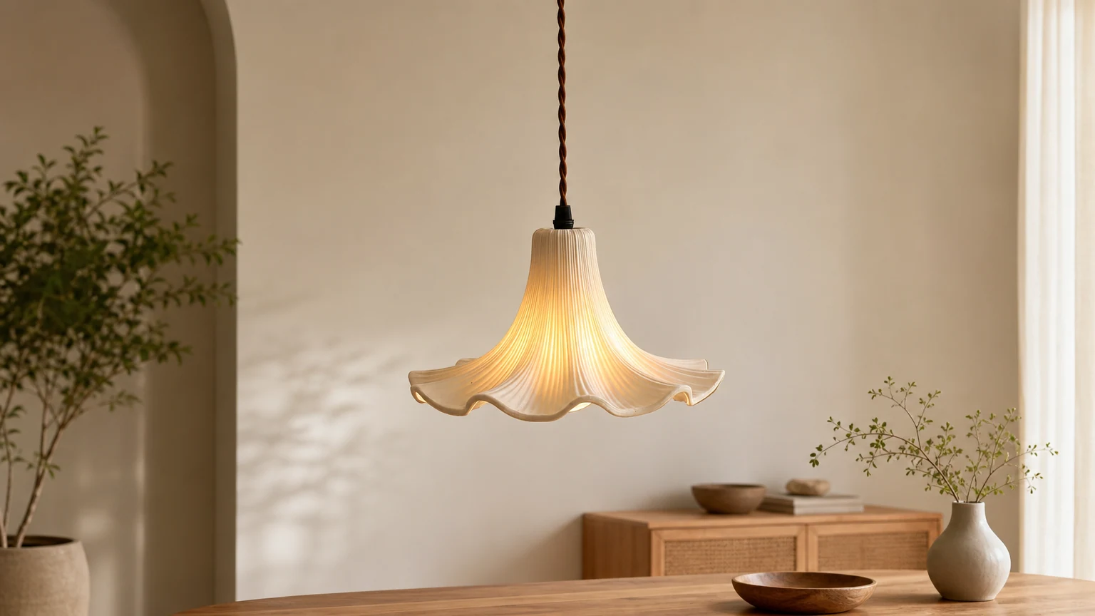Ceramiczna lampa wisząca Petalis Charm w kształcie płatków francuskich w ciepłym wnętrzu