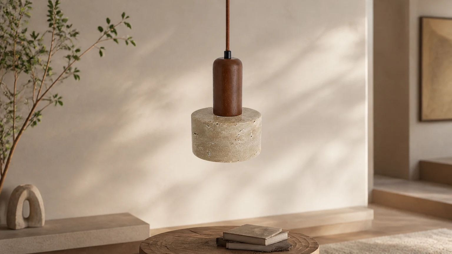 Tradycyjna retro cylindryczna lampa wisząca z litego drewna M106 w ciepłym wnętrzu