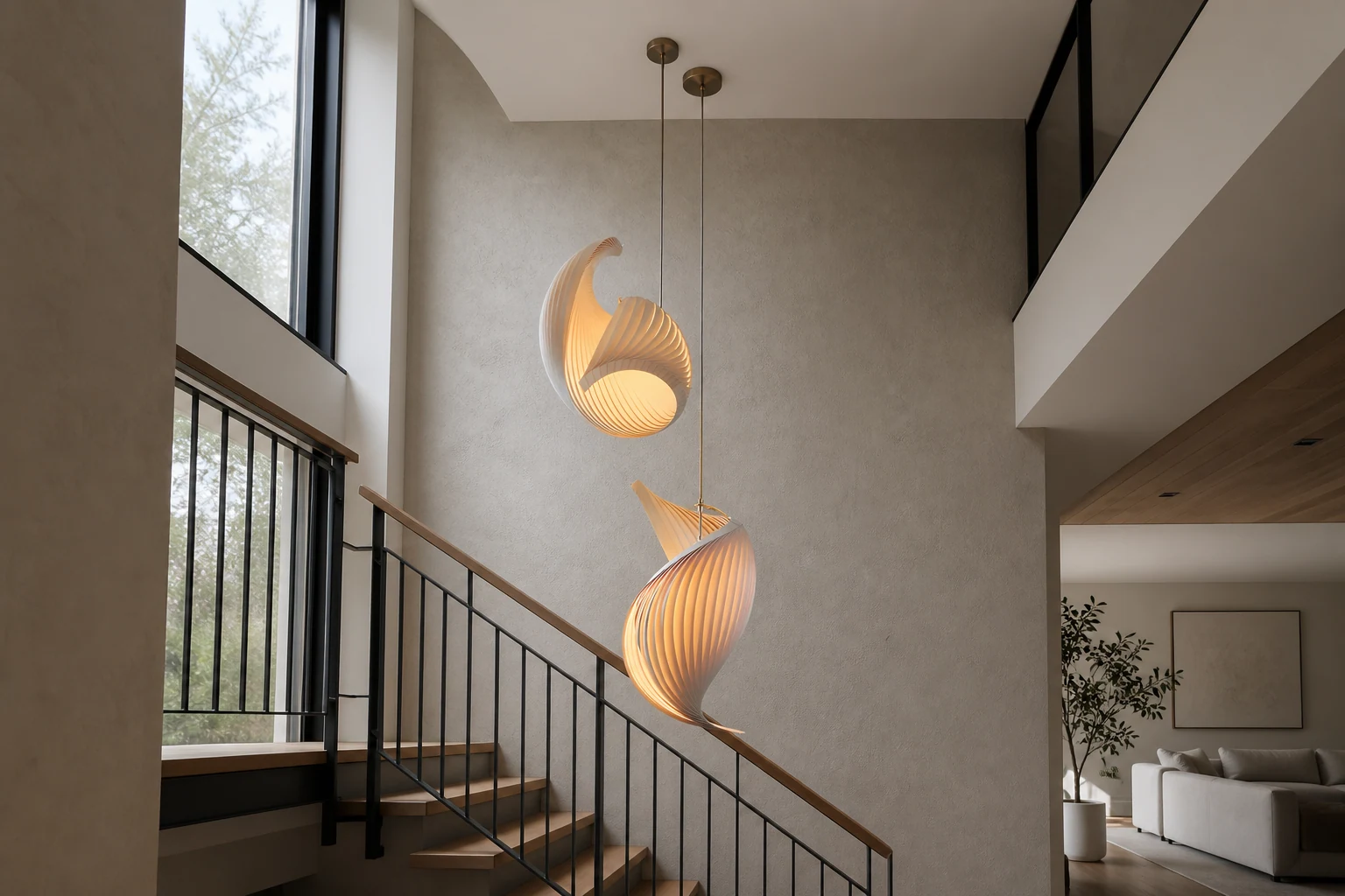 Drewniana lampa wisząca Nautilus w scenie pokoju lifestylowego