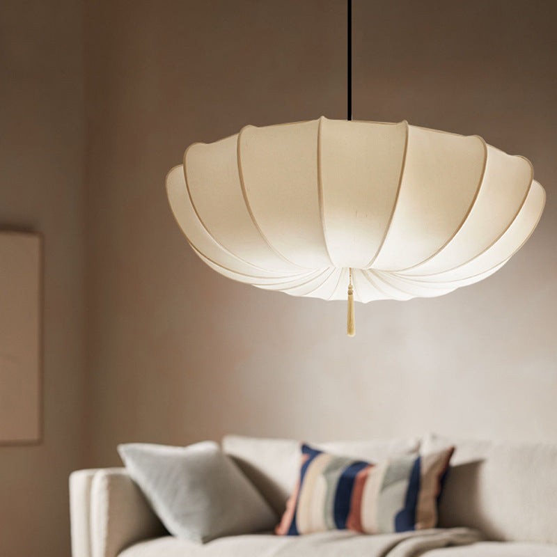 Traditional Japanese Round Iron Frame Fabric Shade 3/5 Light Chandelier For Living Room T261