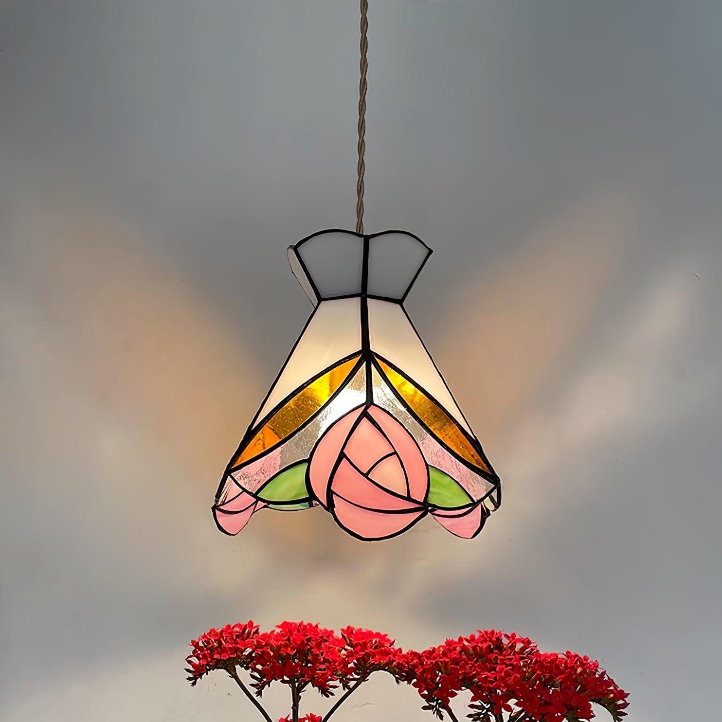 French Retro Rose Stained Glass Pendant Lamp M190