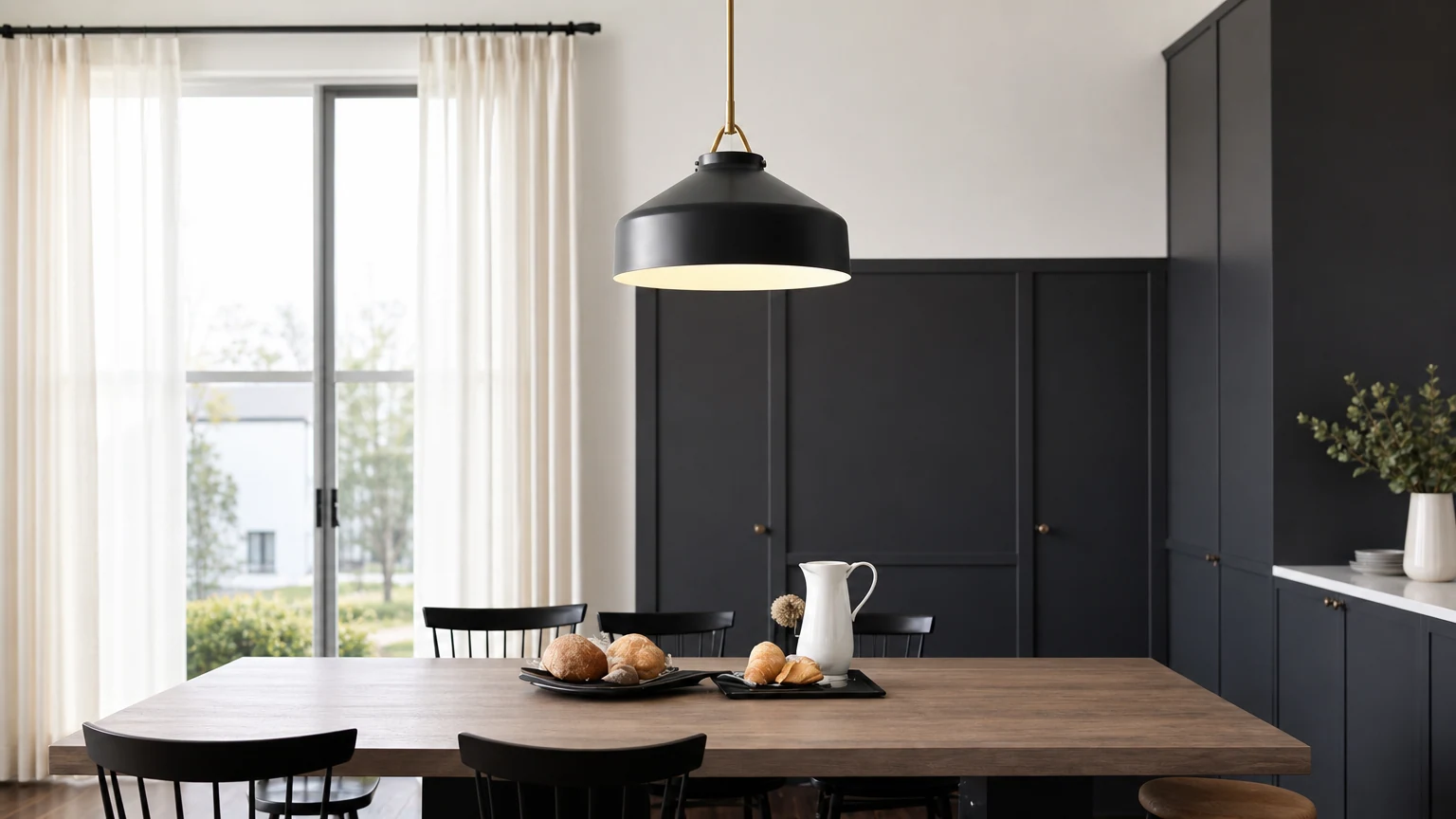 Nordycka minimalistyczna metalowa lampa wisząca G89 w spokojnej scenie w jadalni