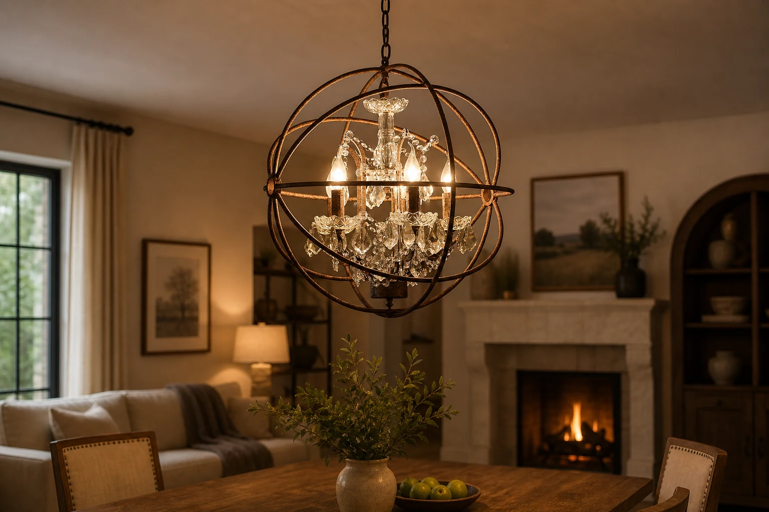 Lampadario retrò con gabbia in ferro arrugginito in un ambiente accogliente.