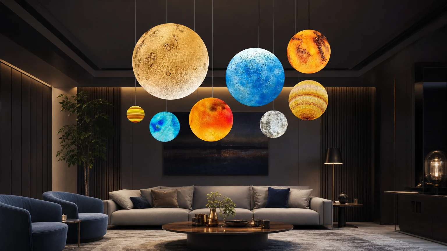 Żyrandol planetarny z białym księżycem w poziomej scenie pokojowej