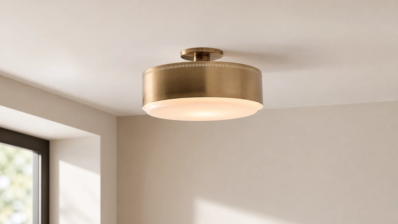Metalowa lampa sufitowa Bolvira do montażu podtynkowego, zainstalowana w ciepłym wnętrzu