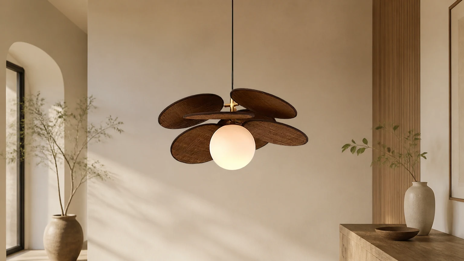 Lampa wisząca z płatkami warstwowymi Orrise zainstalowana w spokojnym pomieszczeniu