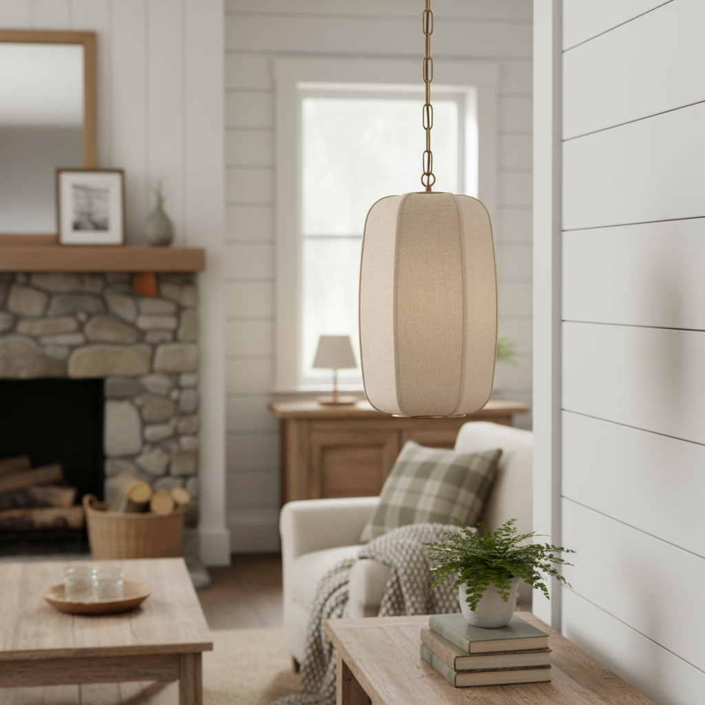 Loomis Tall Pendant - Textured Linen Shade Aged Brass Ceiling Light for Dining Room and Kitchen T481
