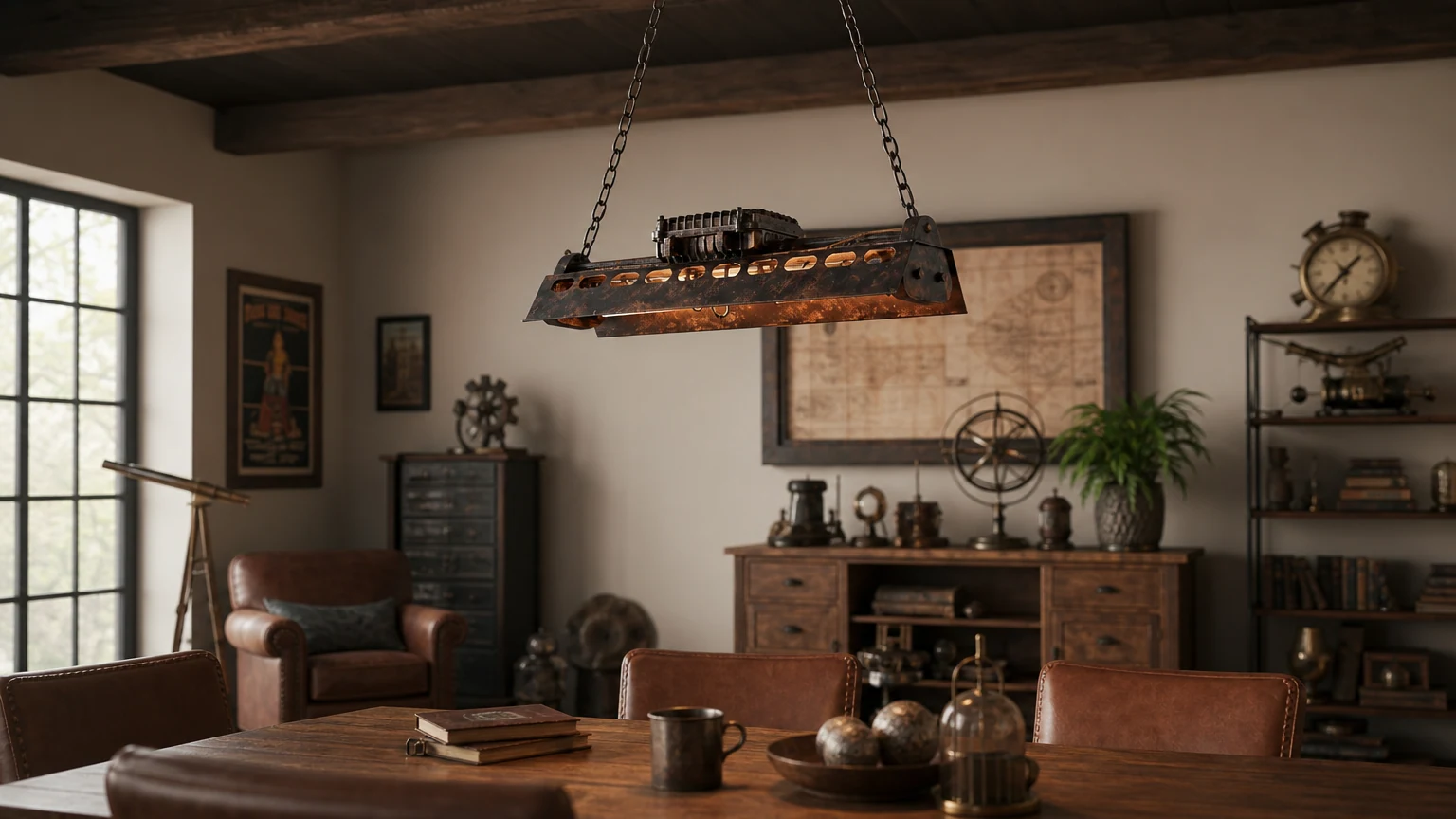Żyrandol liniowy Industrax Steampunk zamontowany nad oprawą pokojową