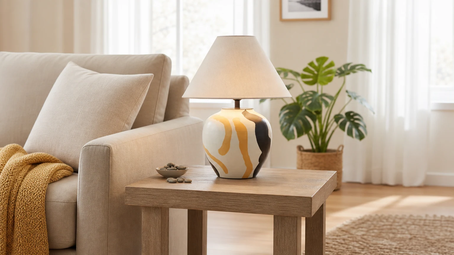 Ceramiczna lampa stołowa D383 w abstrakcyjny wzór w ciepłej oprawie wnętrza