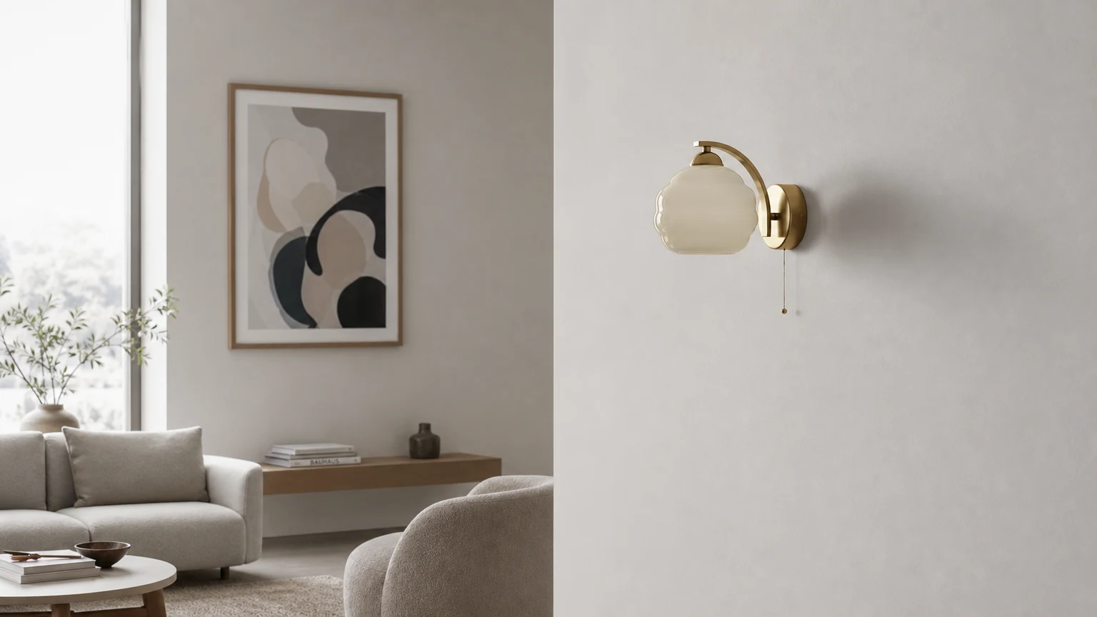 Kinkiet ścienny ze szkła mlecznego Curvona Bauhaus w ciepłej scenerii wnętrza