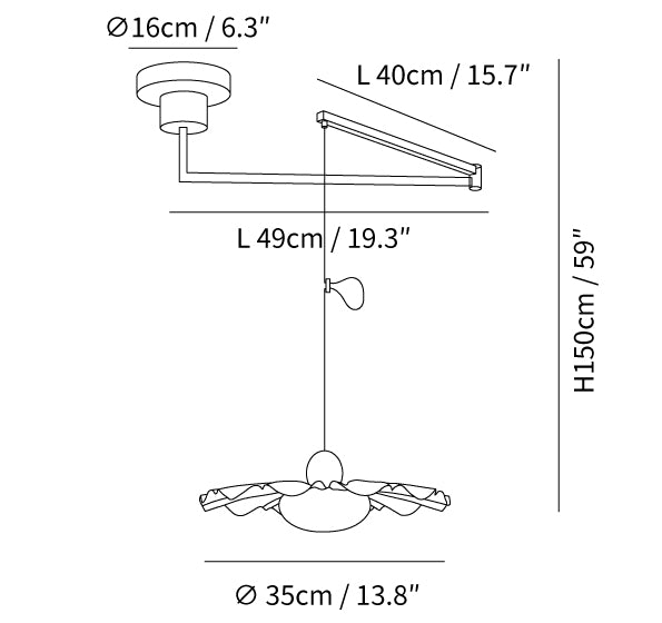 Lampa wisząca Blooming Flower D354, średnica 35 cm, schemat rozmiarów
