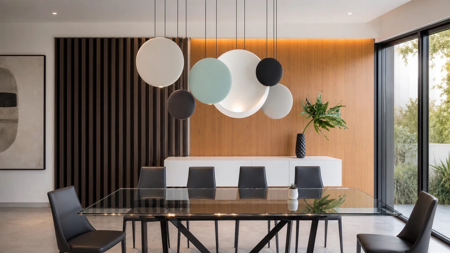 Lampada a sospensione Cosmos moderna e appiattita installata in un ambiente interno dai toni caldi.