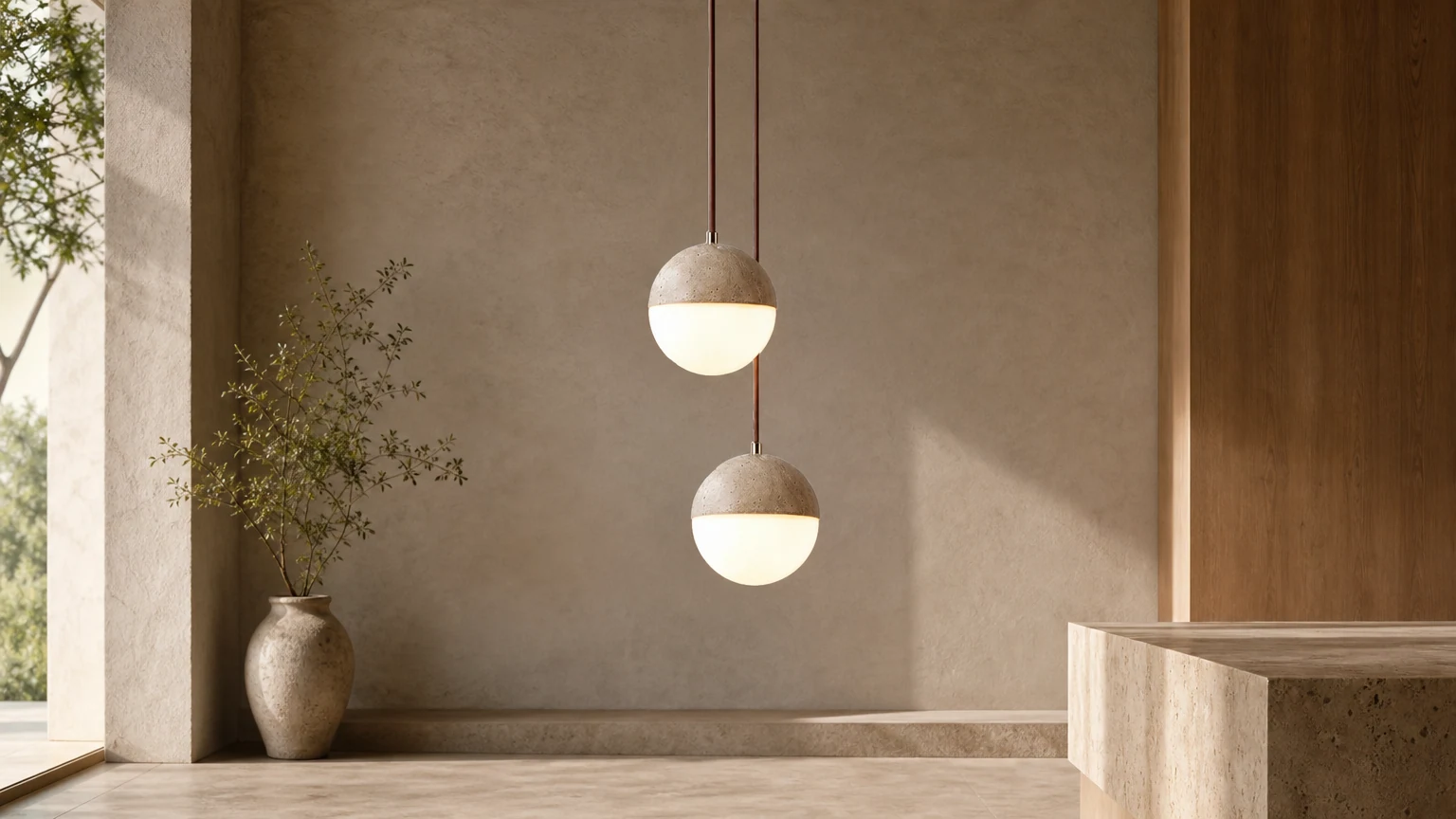 Trawertynowa lampa wisząca w kształcie kulki D916 w ciepłym wnętrzu