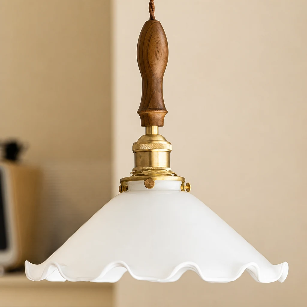Zbliżenie szczegółów białego szklanego klosza i ciepłego wykończenia lampy wiszącej