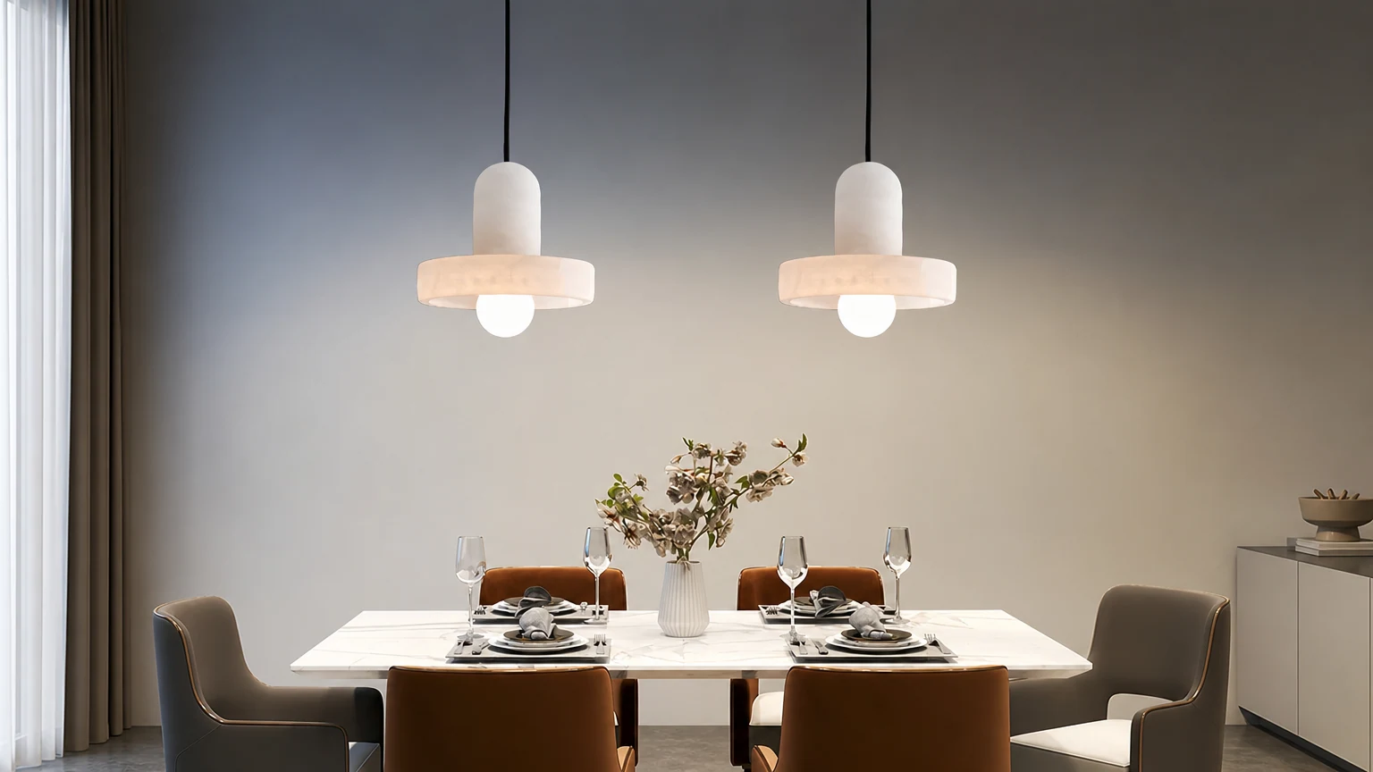 Elegancka kreatywna biała alabastrowa lampa wisząca G10 zainstalowana w ciepłym wnętrzu