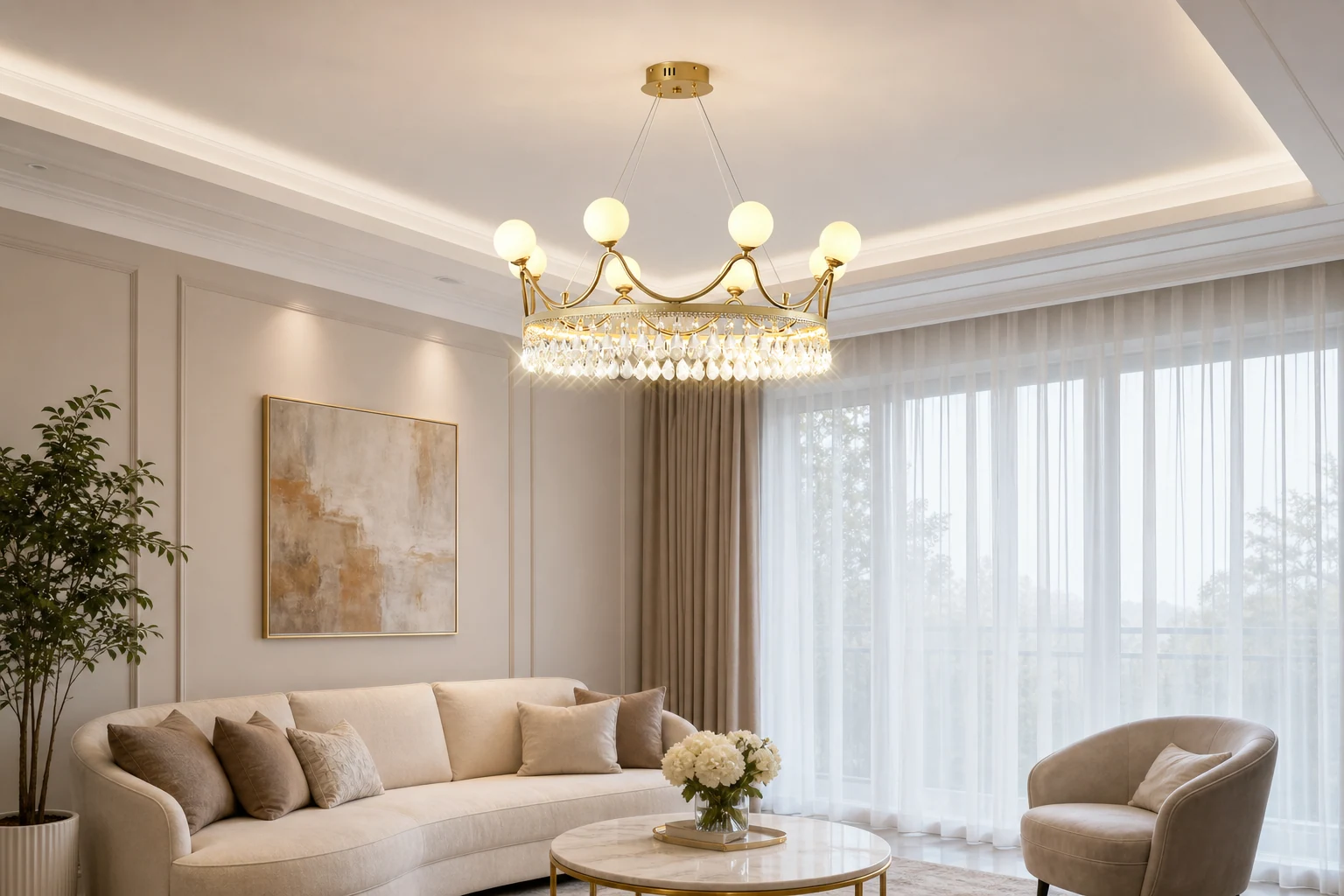Scena pokoju lifestylowego z kryształowym żyrandolem Crown
