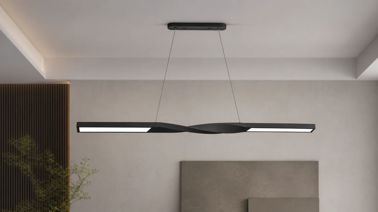 HELSKI Twisted Slim Case-pendellampa installerad i en modern interiör