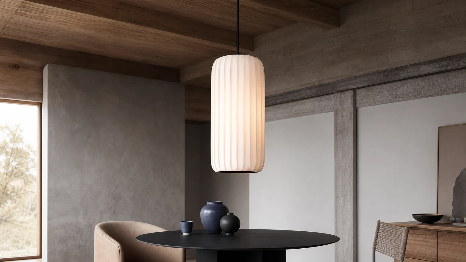 Skandynawska minimalistyczna tkanina wisząca M331 zainstalowana w spokojnym wnętrzu