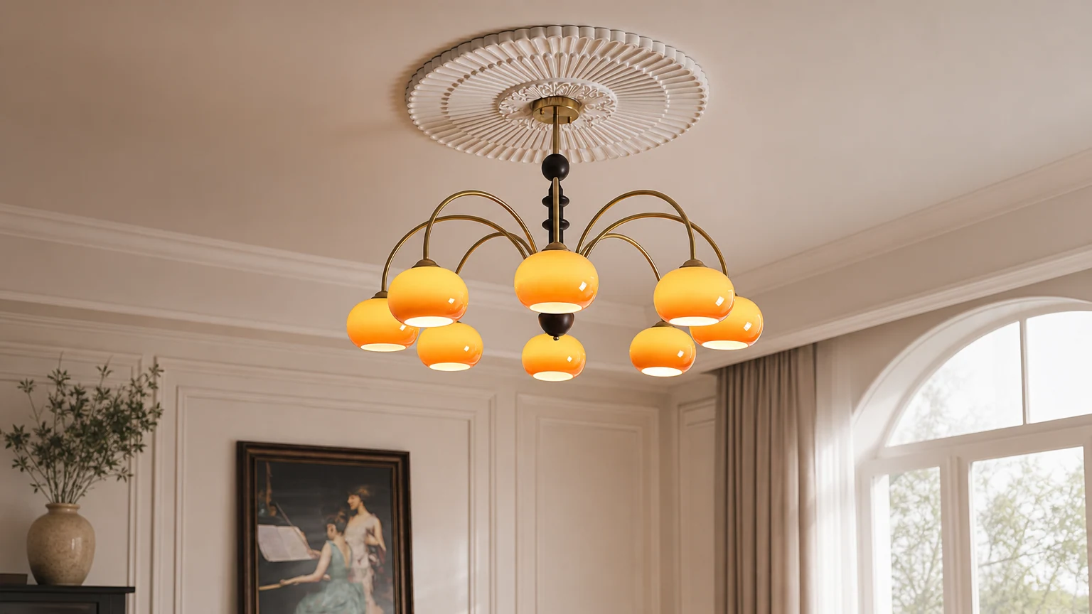 Żyrandol Vintage Bauhaus Persimmon M526 zainstalowany w ciepłej scenie wnętrza