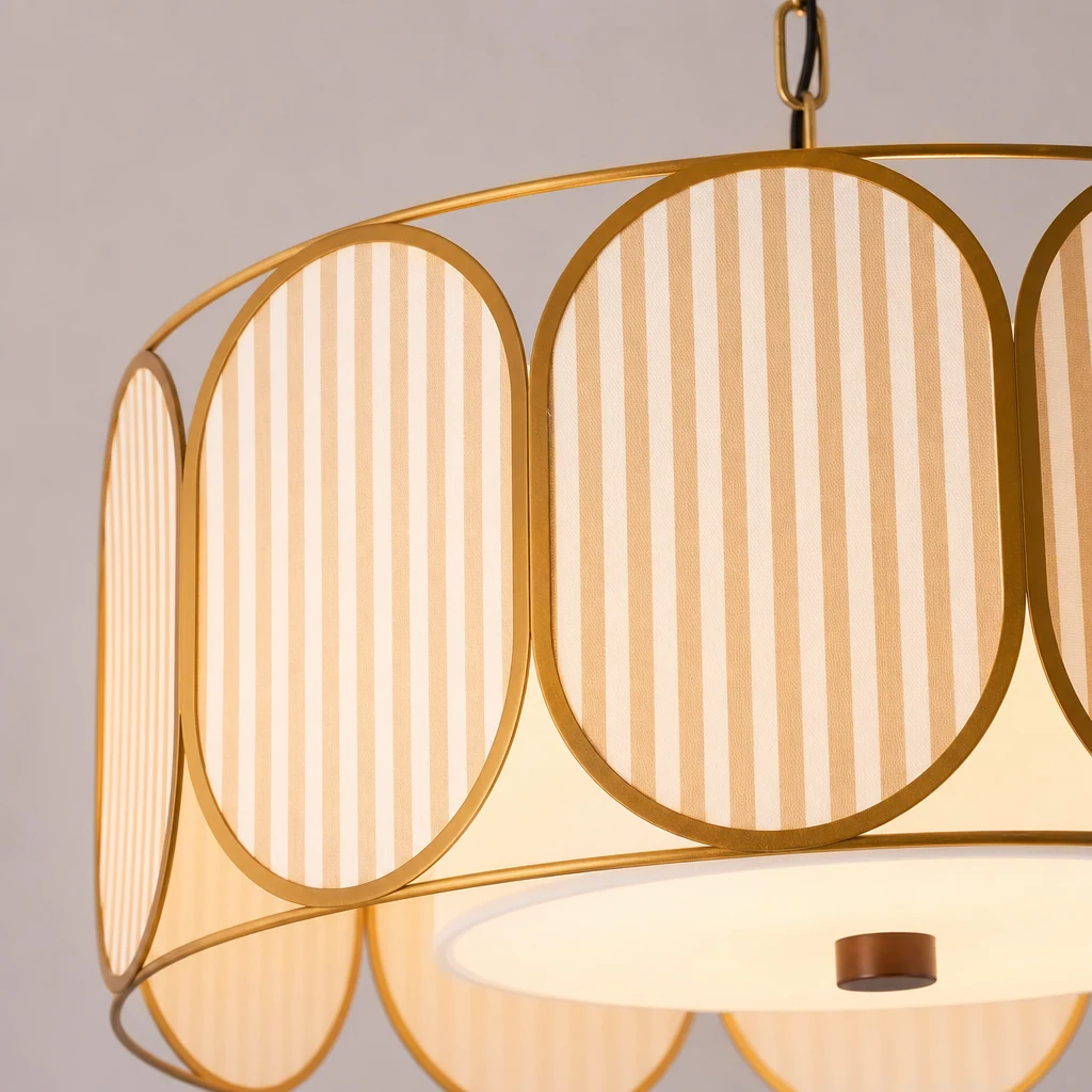 Zbliżenie na tkaninowy klosz lampy wiszącej Radiance D183 i metalową ramę