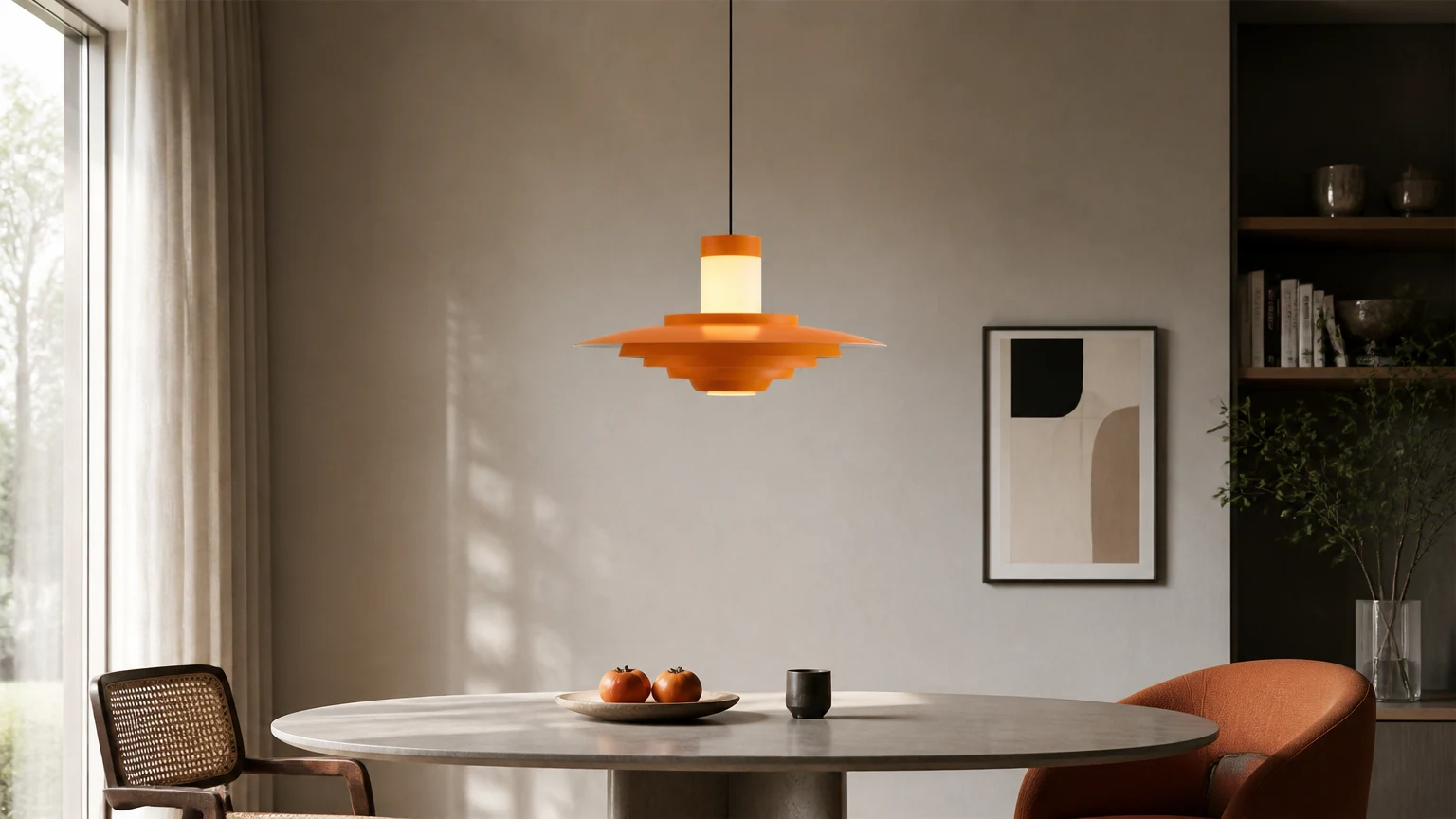 Lampa wisząca Zylen D220 zainstalowana w ciepłym wnętrzu