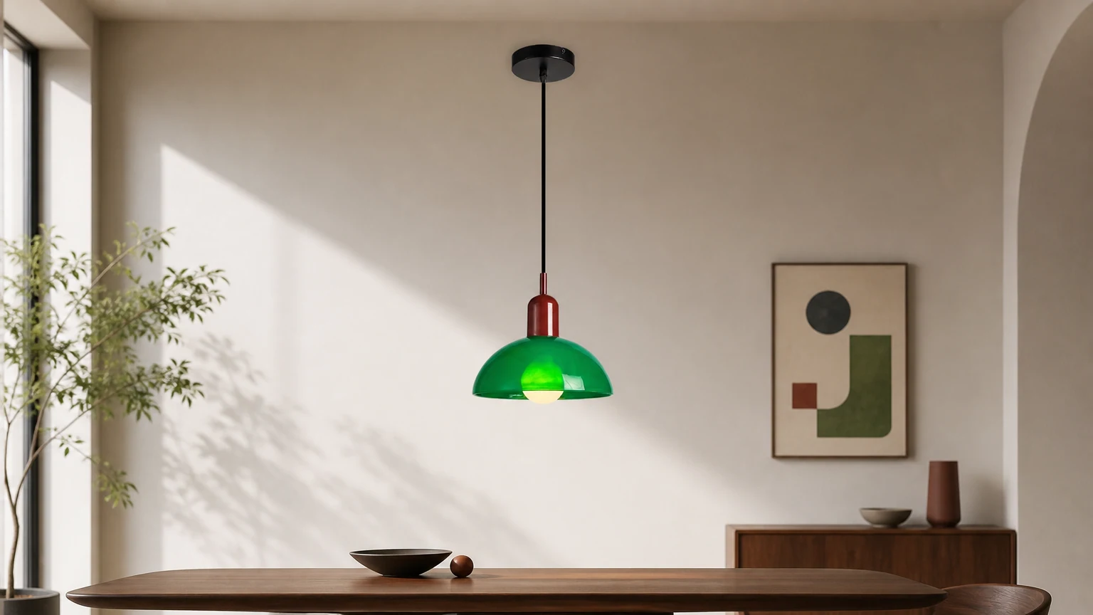 Bauhaus Witrażowa szklana lampa wisząca S164 pokazana w ciepłej scenie wnętrza