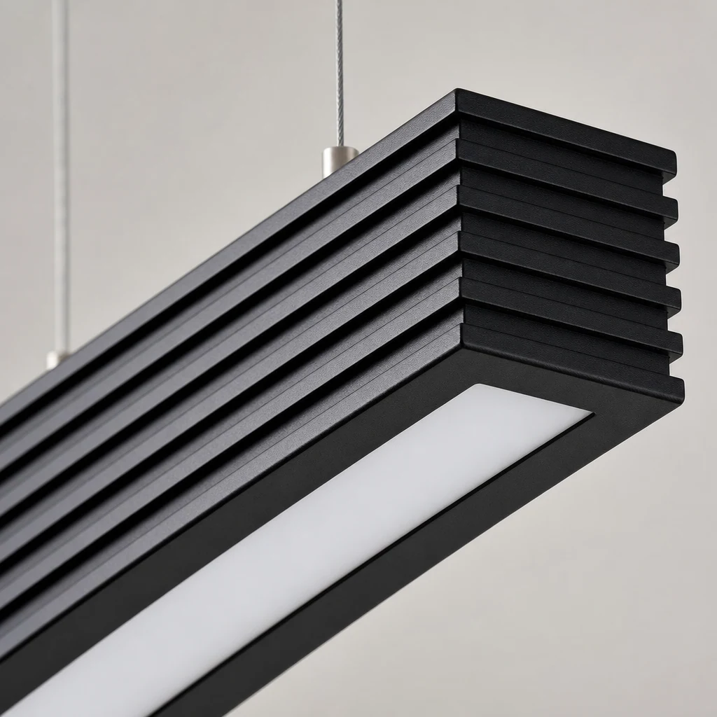 Szczegółowy opis czarnego, prostokątnego materiału lampy wiszącej KOERT i dyfuzora