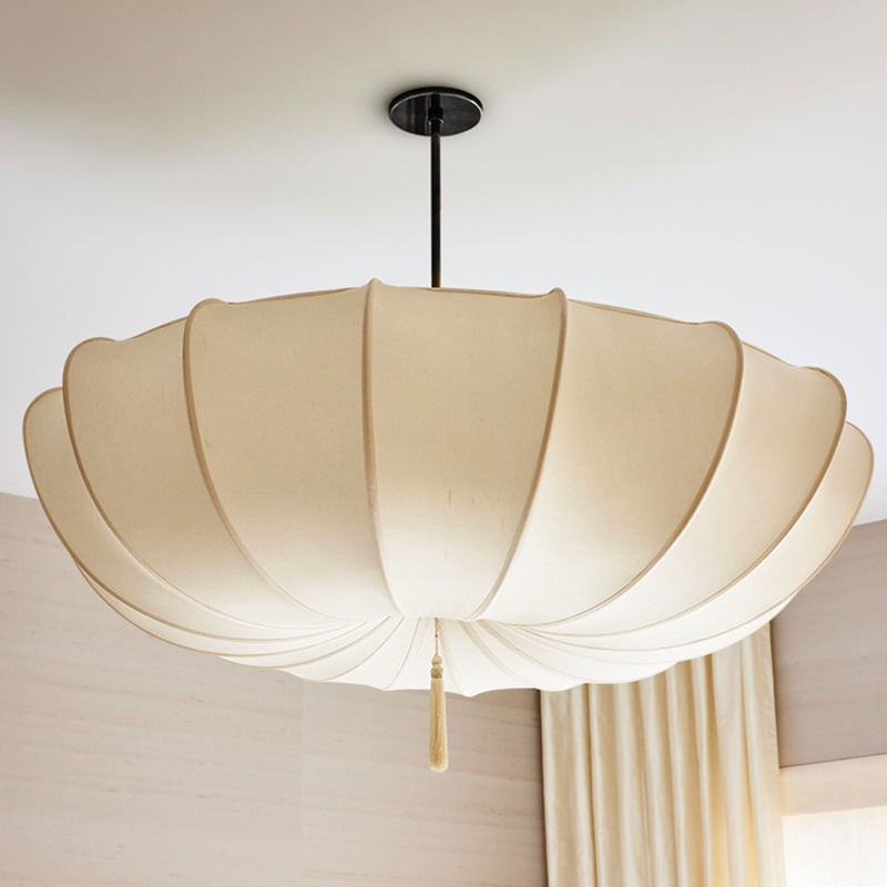 Traditional Japanese Round Iron Frame Fabric Shade 3/5 Light Chandelier For Living Room T261