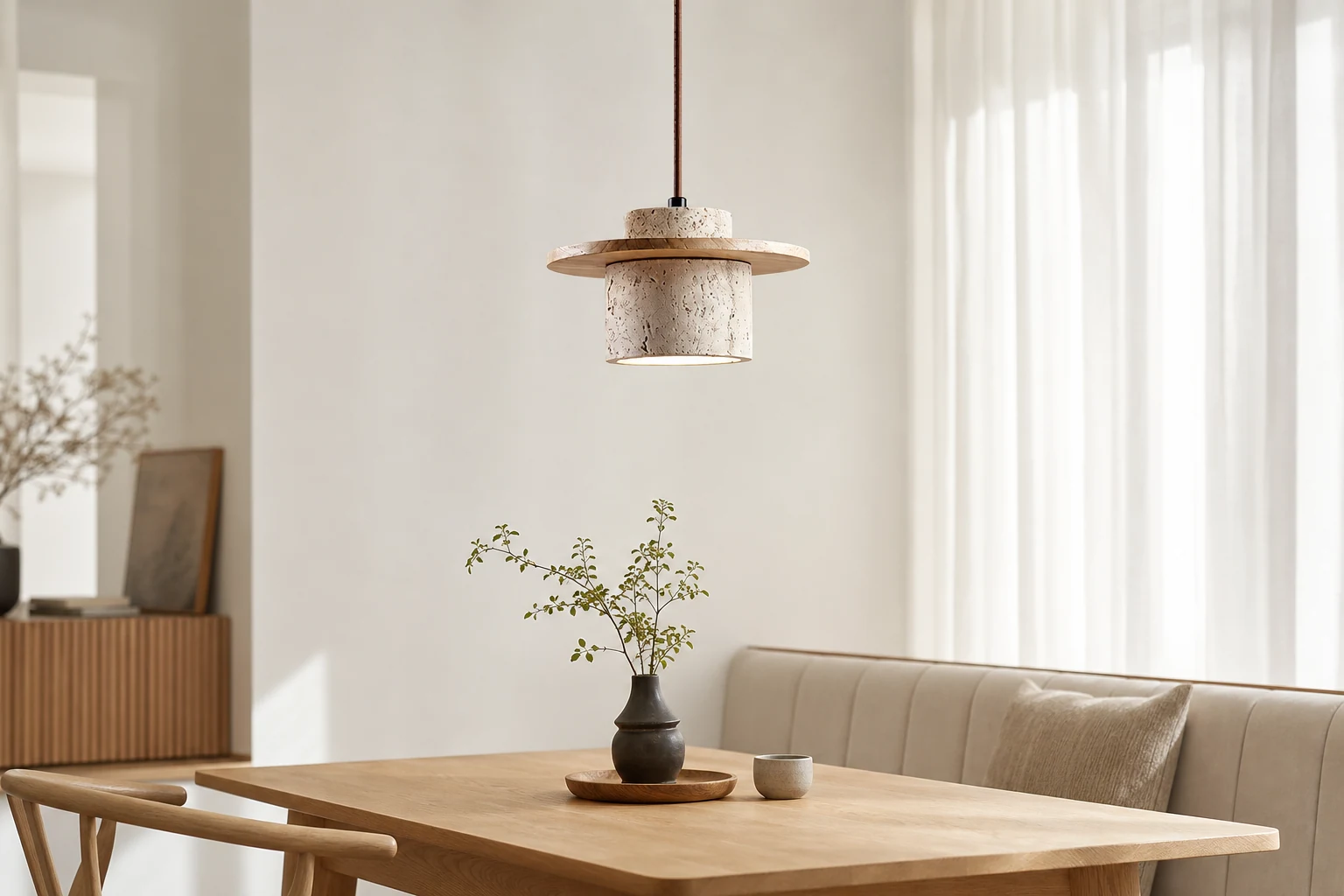 Kamienna lampa wisząca pokazana w kontekście pokoju lifestylowego