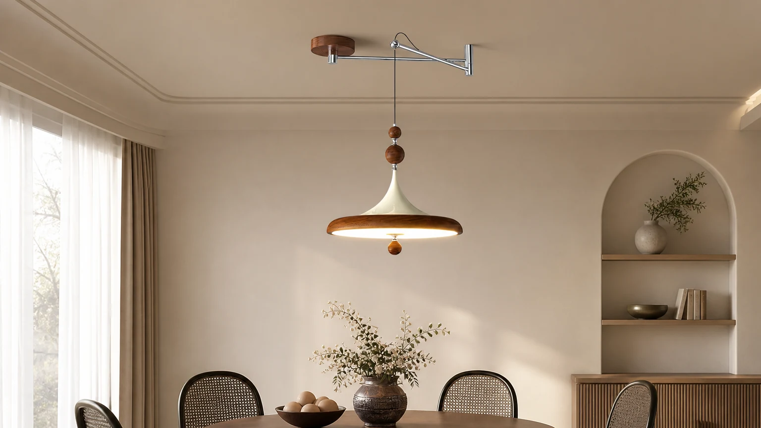 Lampa wisząca Ballora Swing Arm D140 zainstalowana w scenie w jadalni