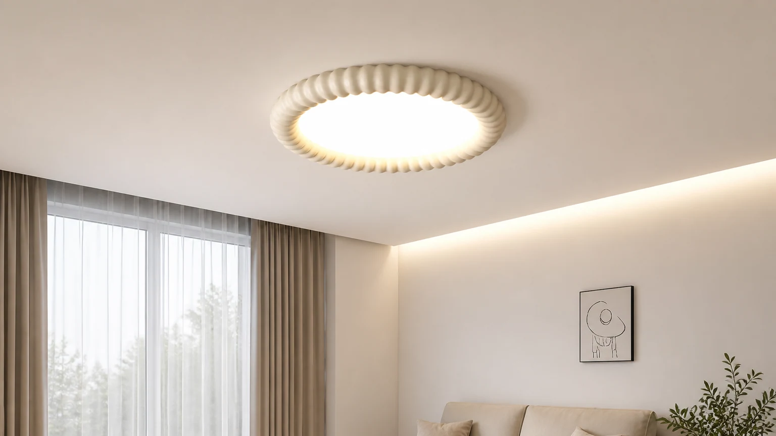 Lampa sufitowa M525 w kolorze kremowym, zainstalowana w ciepłym pomieszczeniu
