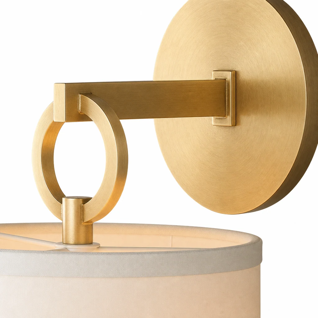 Zbliżenie metalowej ramy kinkietu Full Circle Sconce D616 i abażuru z tkaniny