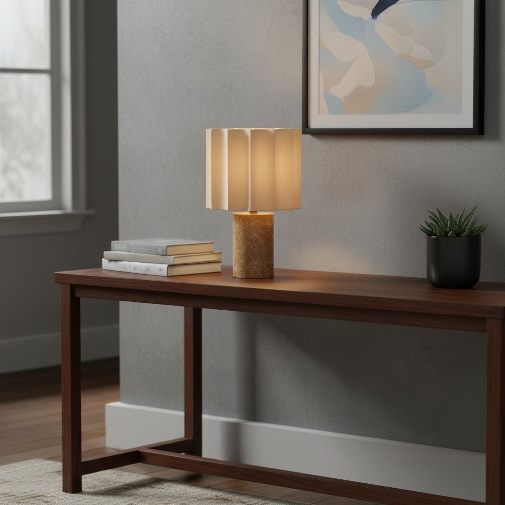Cavilon Table Lamp with Fan-Shaped Linen Shade - Stone Finishes Suitable for Living Rooms T476