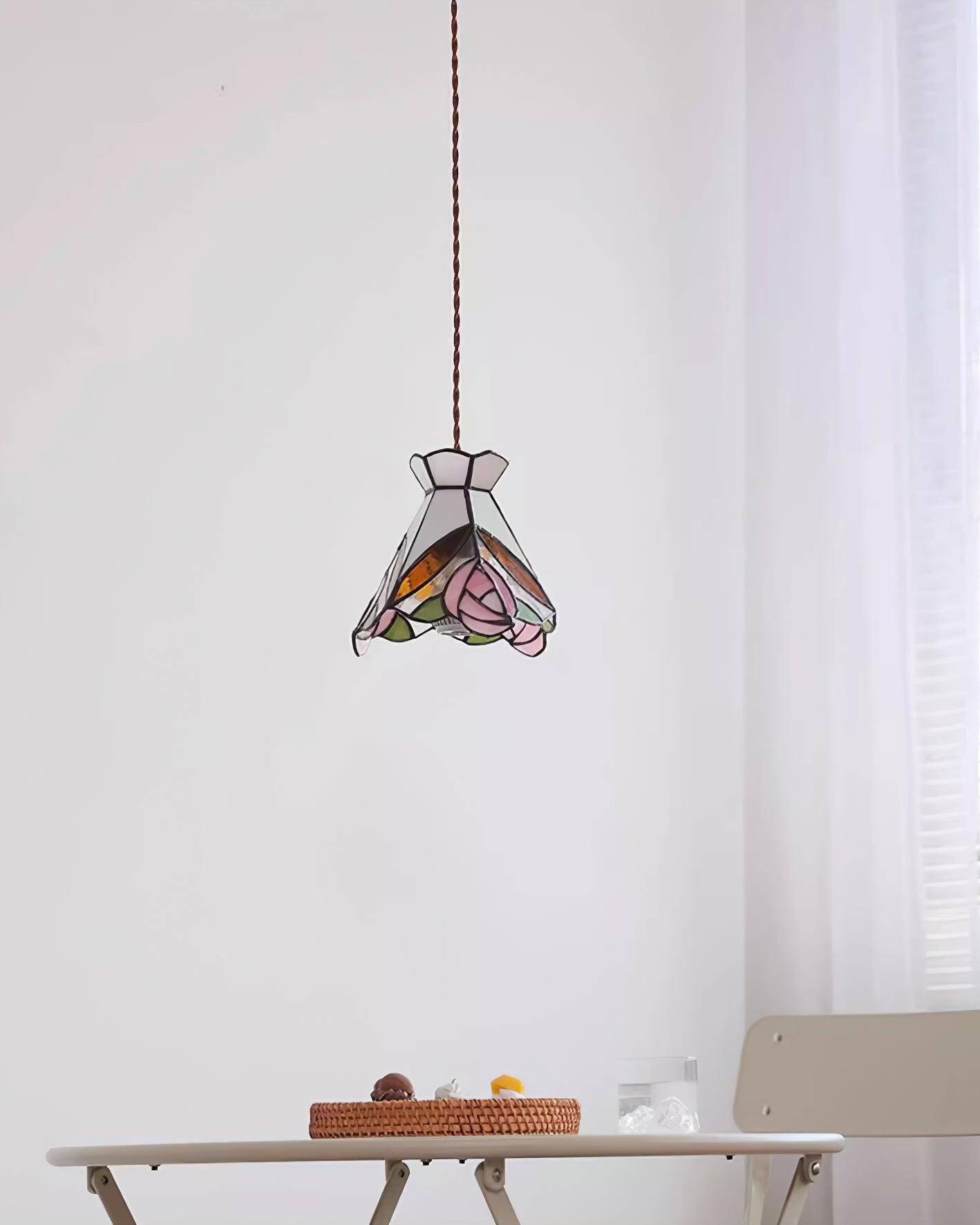 French Retro Rose Stained Glass Pendant Lamp M190