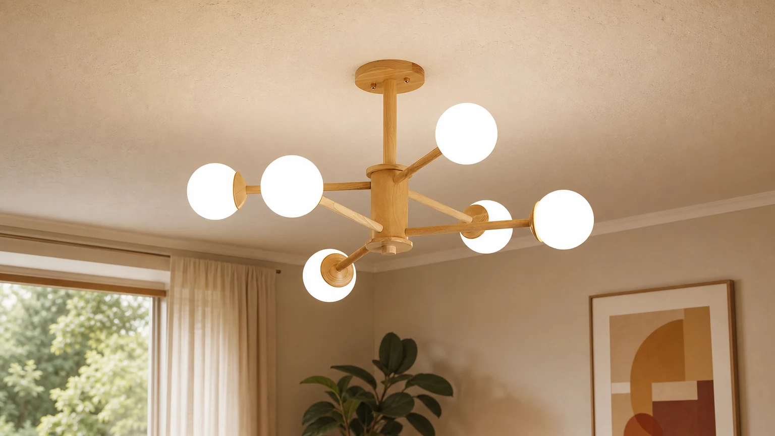Molekularna lampa sufitowa Orrise zainstalowana w ciepłej scenerii wnętrza