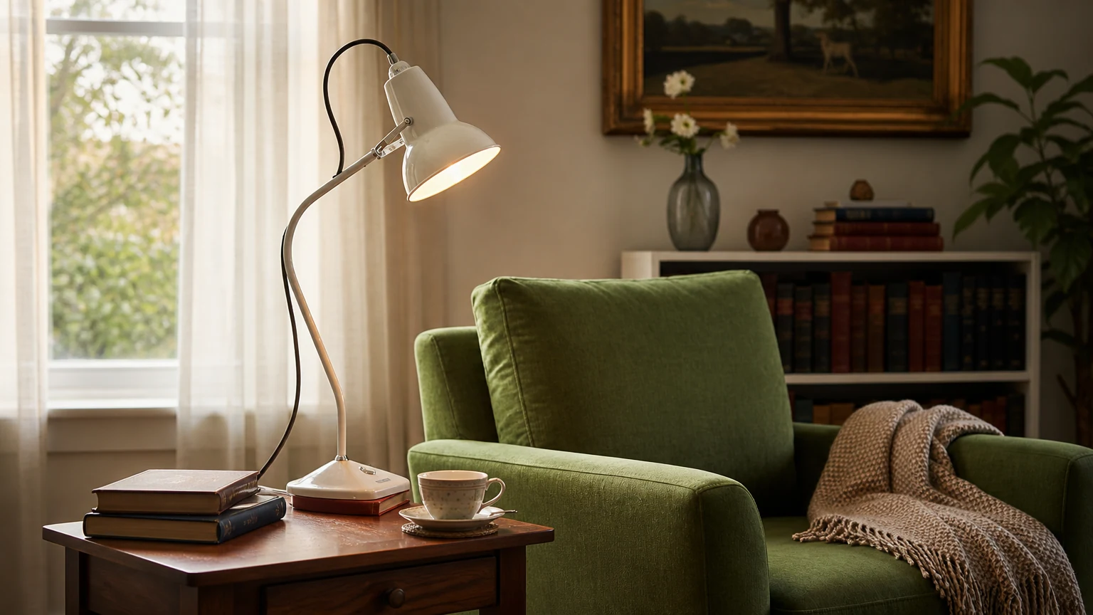 Lampa stołowa Modryx Mini w ciepłym domowym otoczeniu