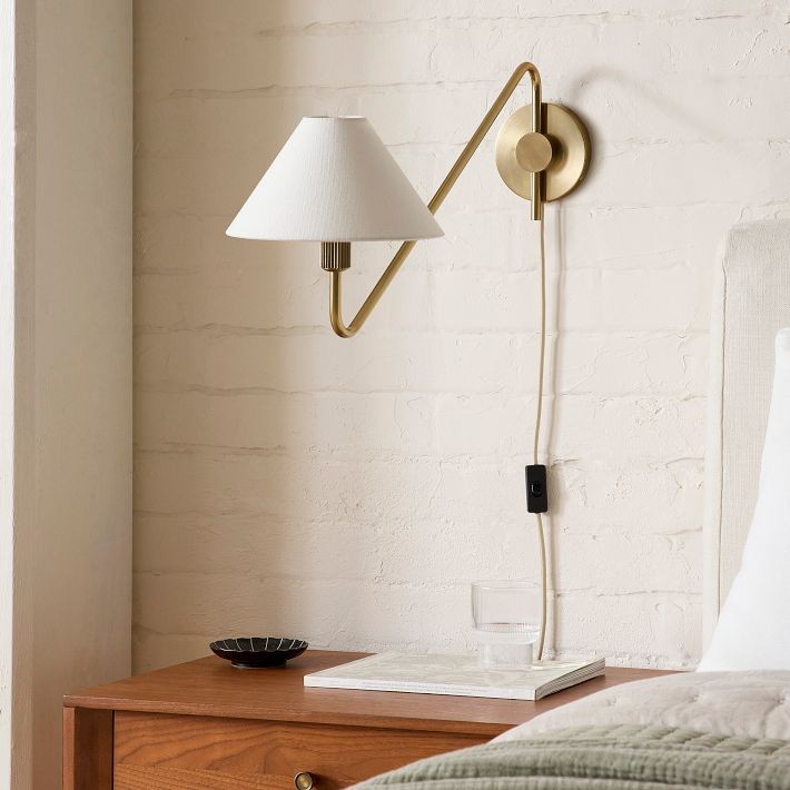 Diora Plug-In Wall Sconce - Champagne Bronze Adjustable Arm Lamp with Linen Shade T200