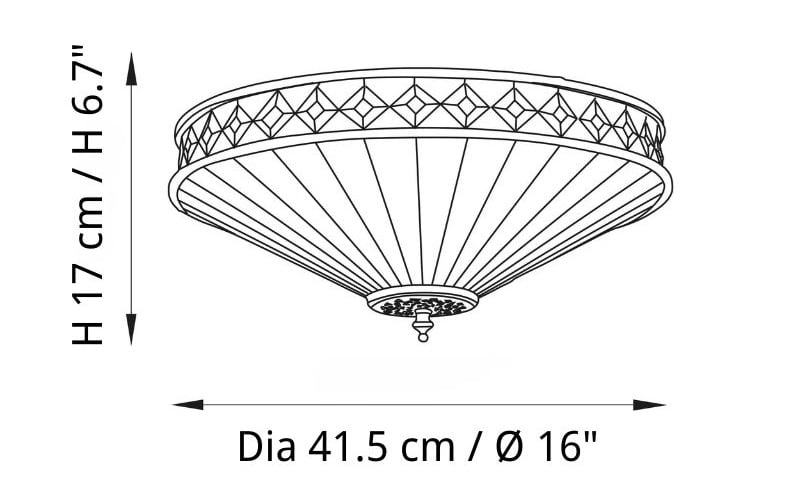 Schemat wymiarowy przedstawiający lampę sufitową Fargo Tiffany o średnicy 41,5 cm i wysokości 17 cm