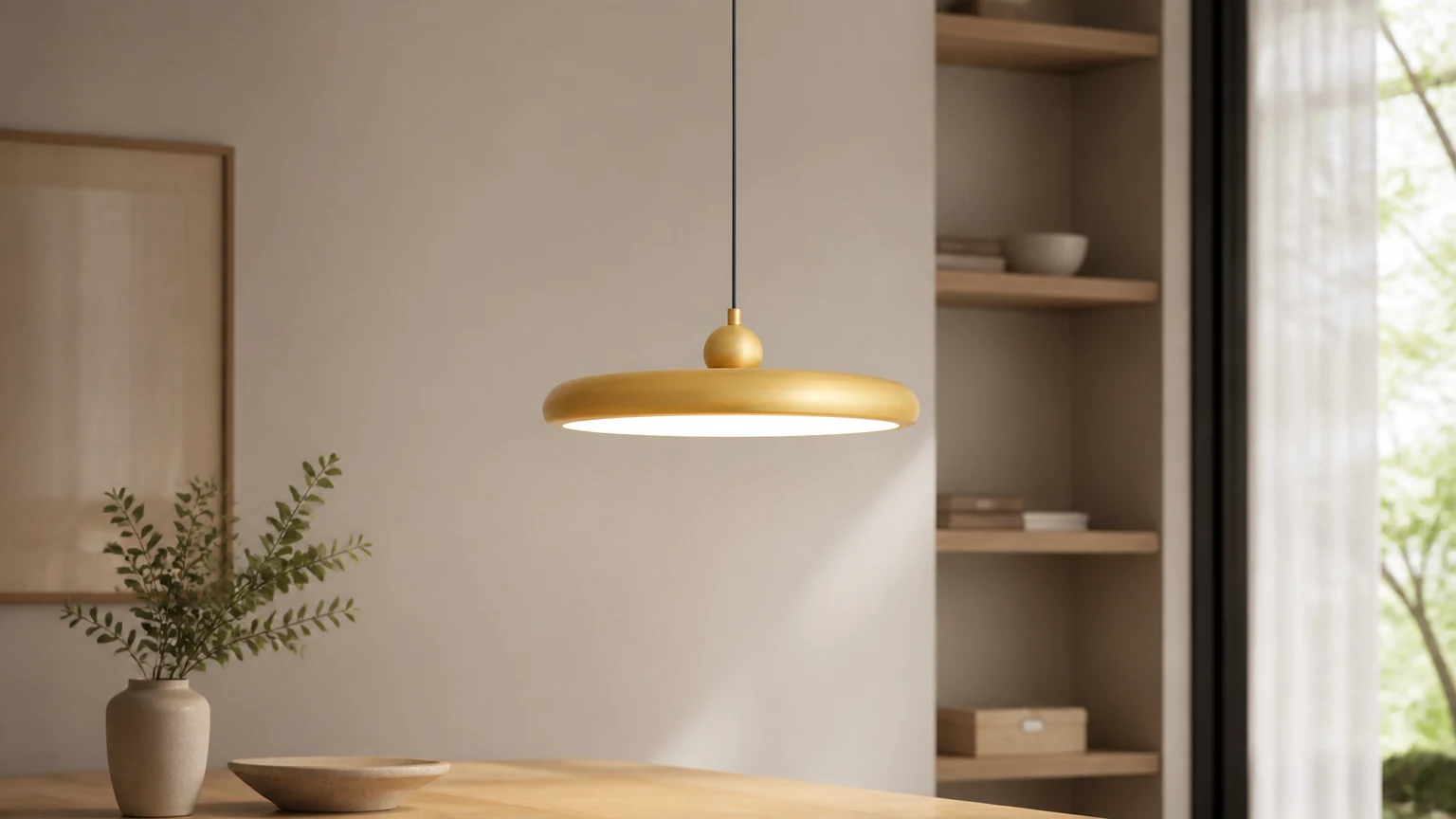 Cienka lampa wisząca M509 w ciepłym wnętrzu