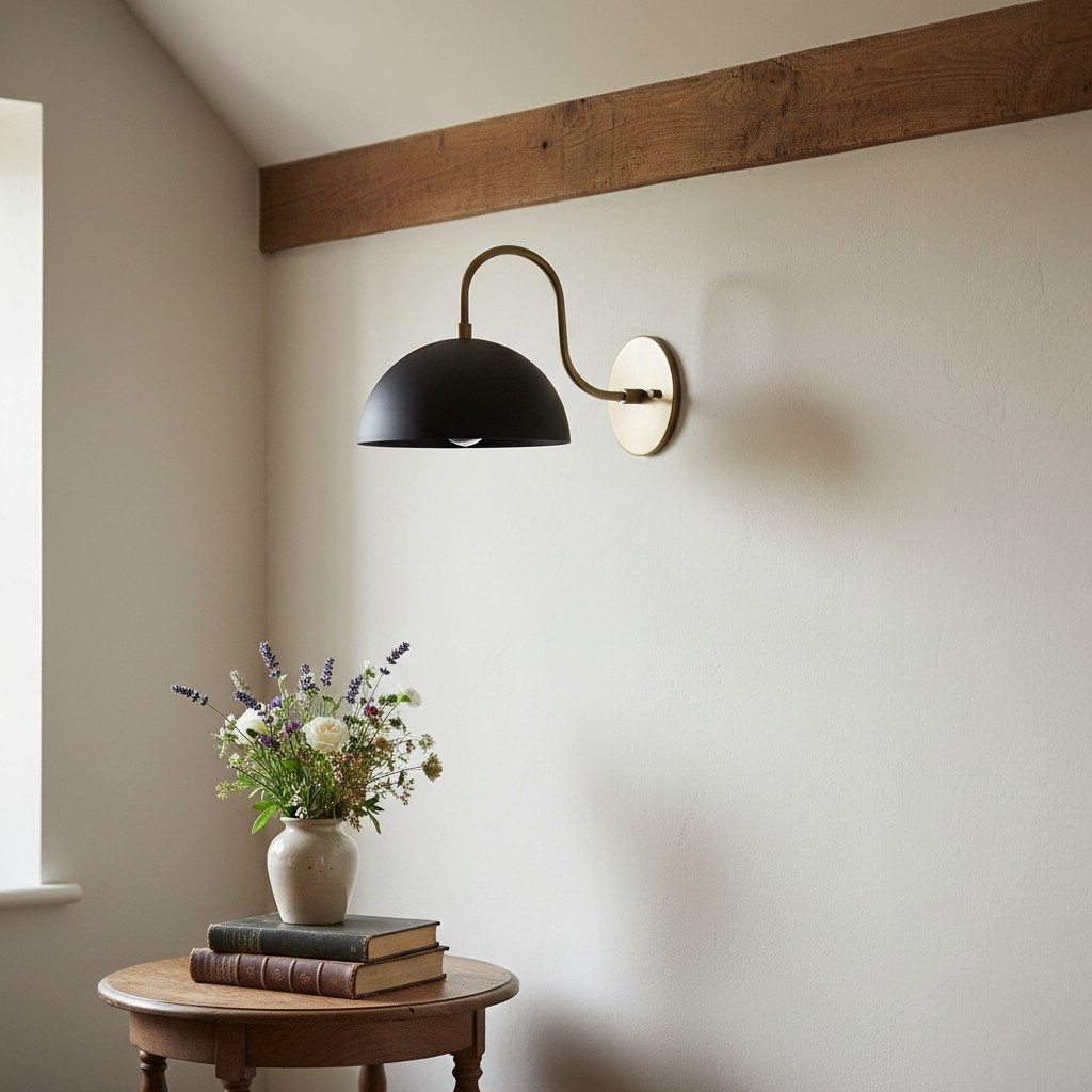 Curva Metal Industrial Wall Sconce - Curved Brass Arm - Hammered Dome Light Fixture T408