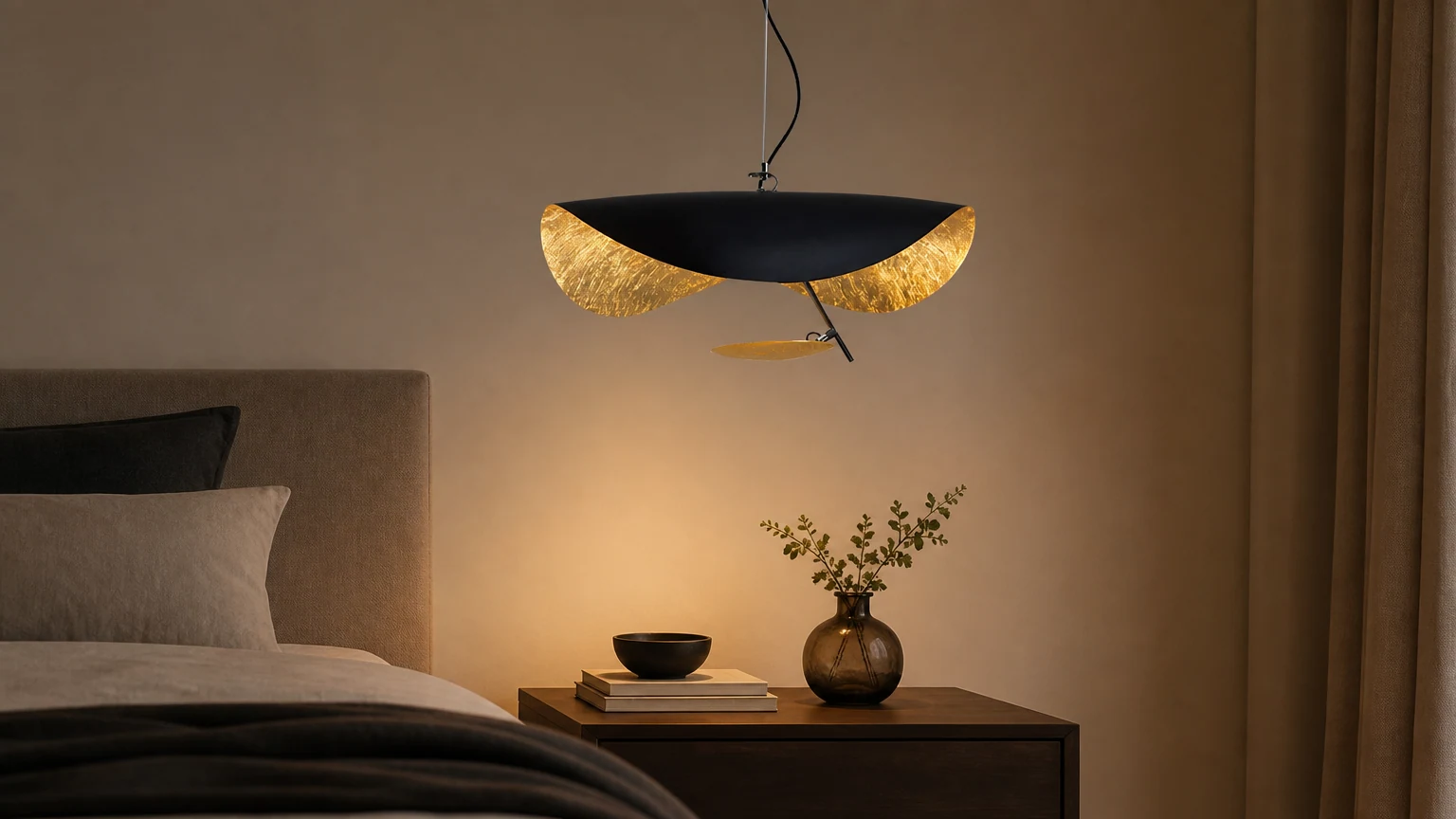 Moderne buet LED-pendellampe i metall installert i en raffinert romscene