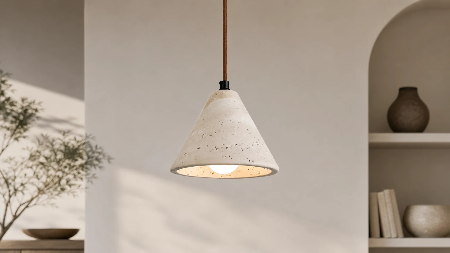 Trawertynowa stożkowa lampa wisząca M262 w ciepłej scenerii wnętrza