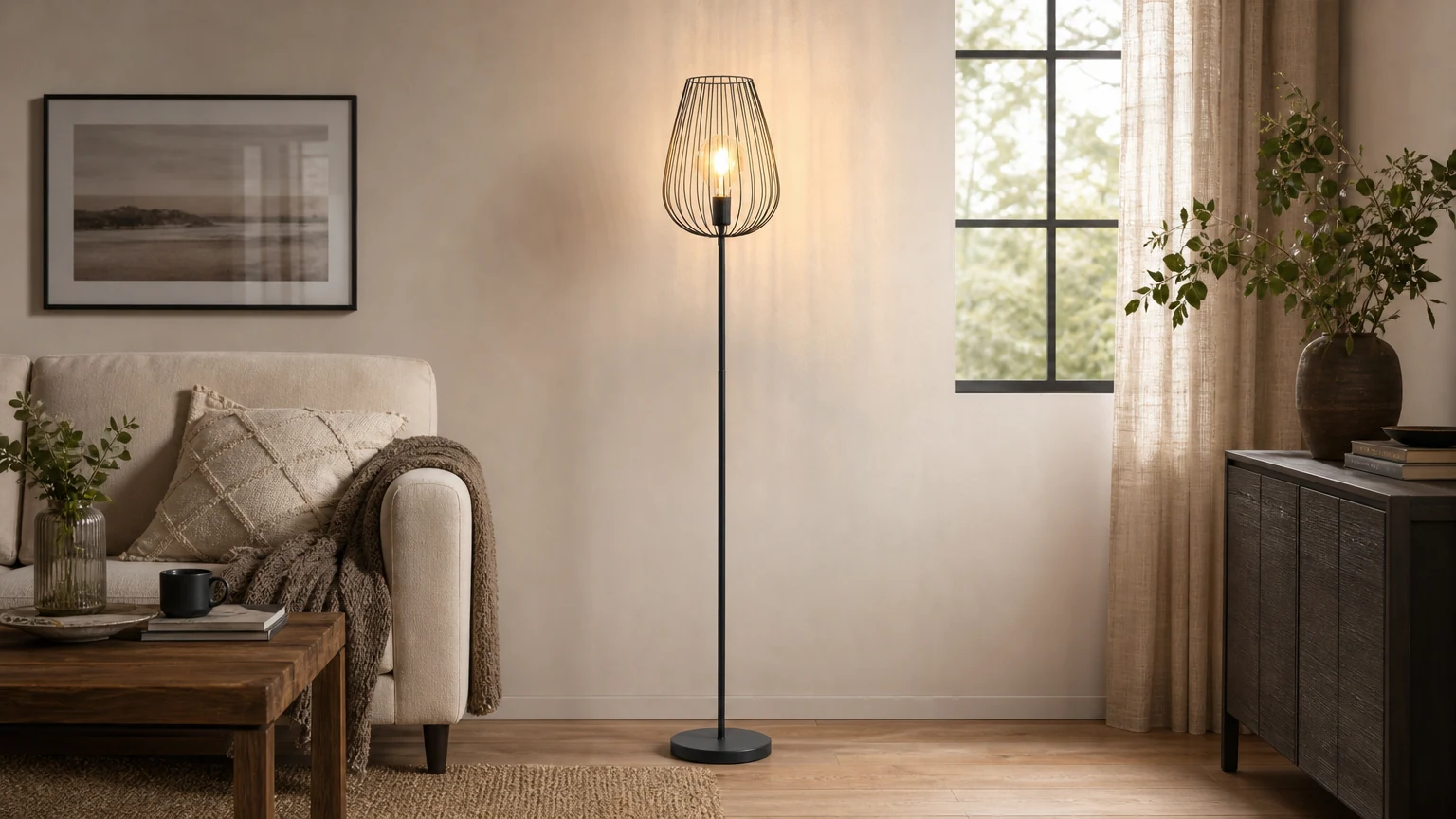 Lámpara de pie LED Iron Vintage Country S69 en un ambiente interior cálido.