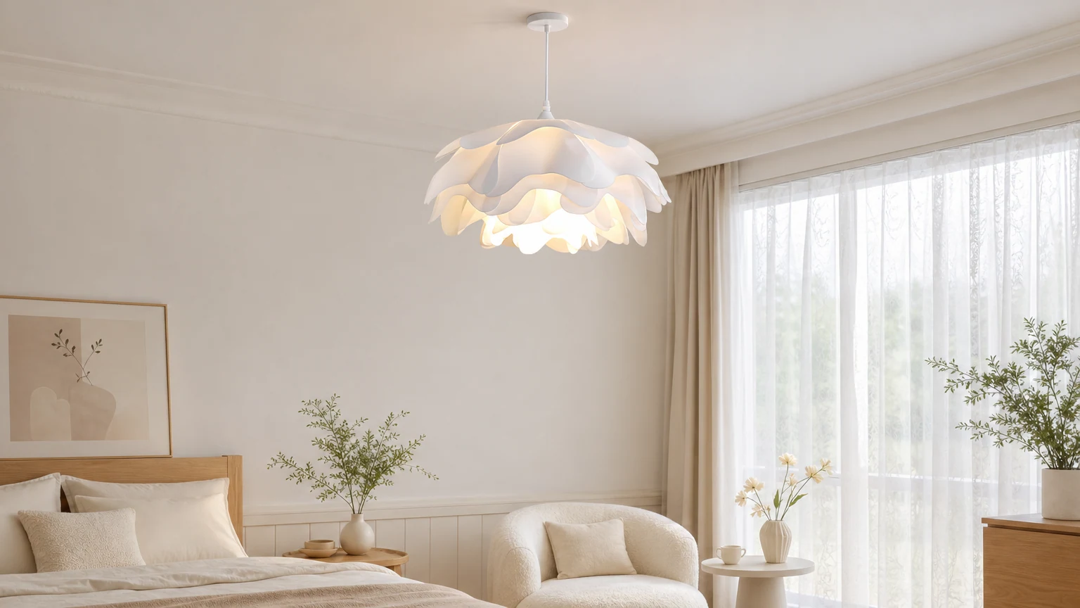 Akrylowa lampa wisząca S140 w kształcie nordyckiego kwiatu w jasnym pomieszczeniu