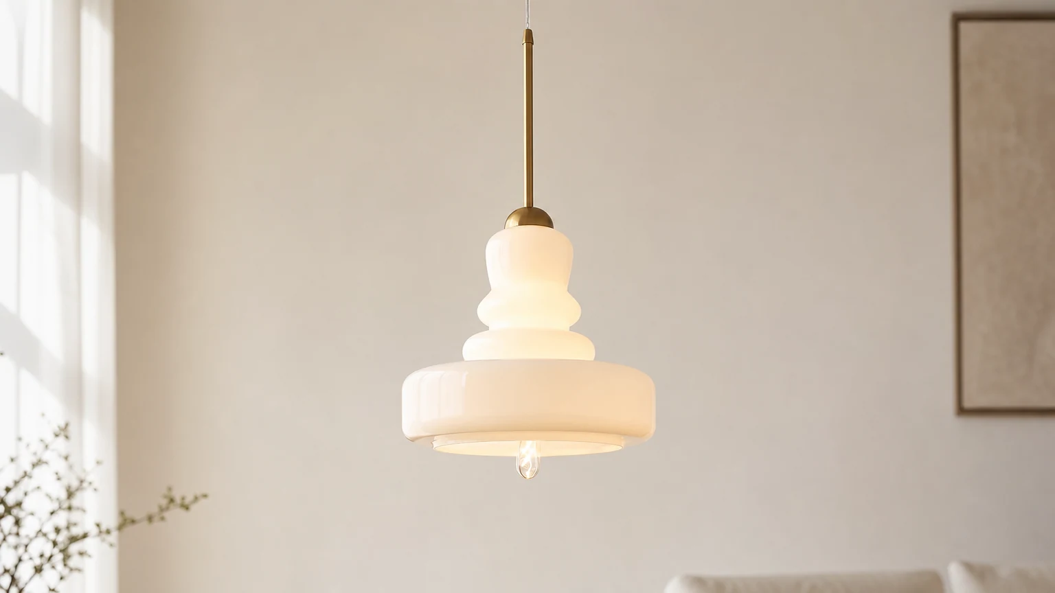 Nowoczesna lampa wisząca ze szkła tykwy z połowy wieku M215 w ciepłym pomieszczeniu