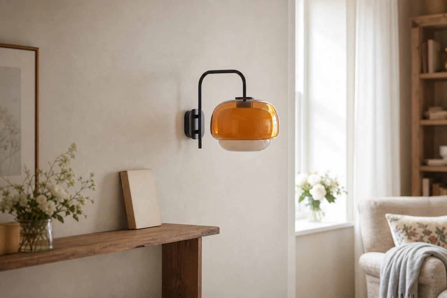 Lampada da parete Clinco in vetro colorato in una scena di arredamento.